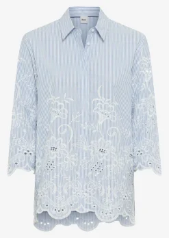 Baumwollbluse mit Streifen und Blütenstickerei