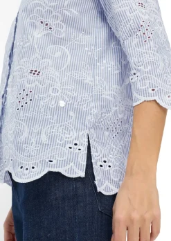 Baumwollbluse mit Streifen und Blütenstickerei