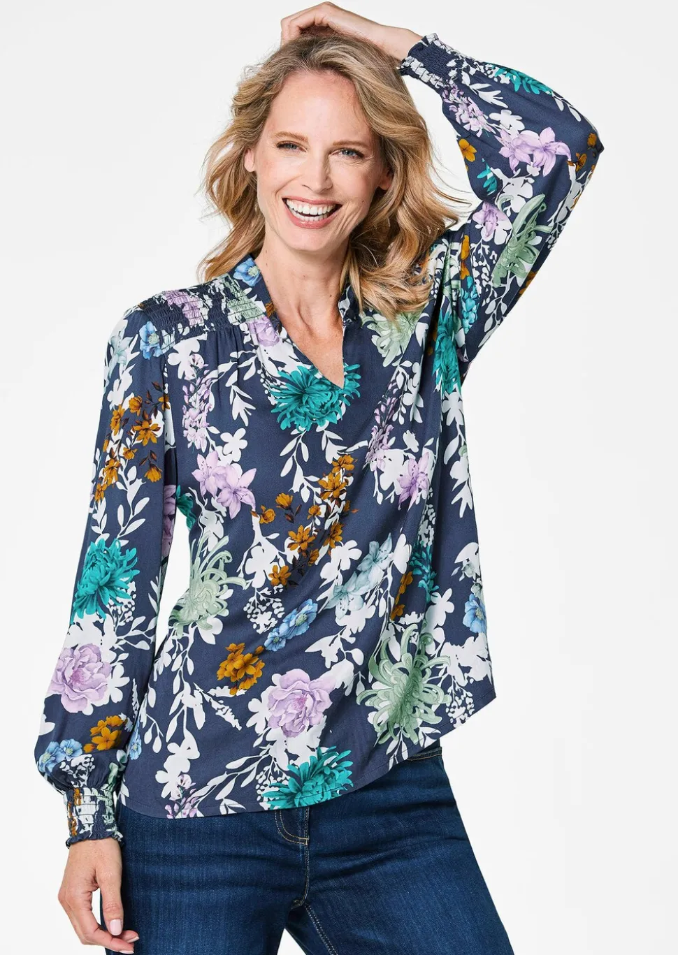 Druckbluse mit Smok-Details
