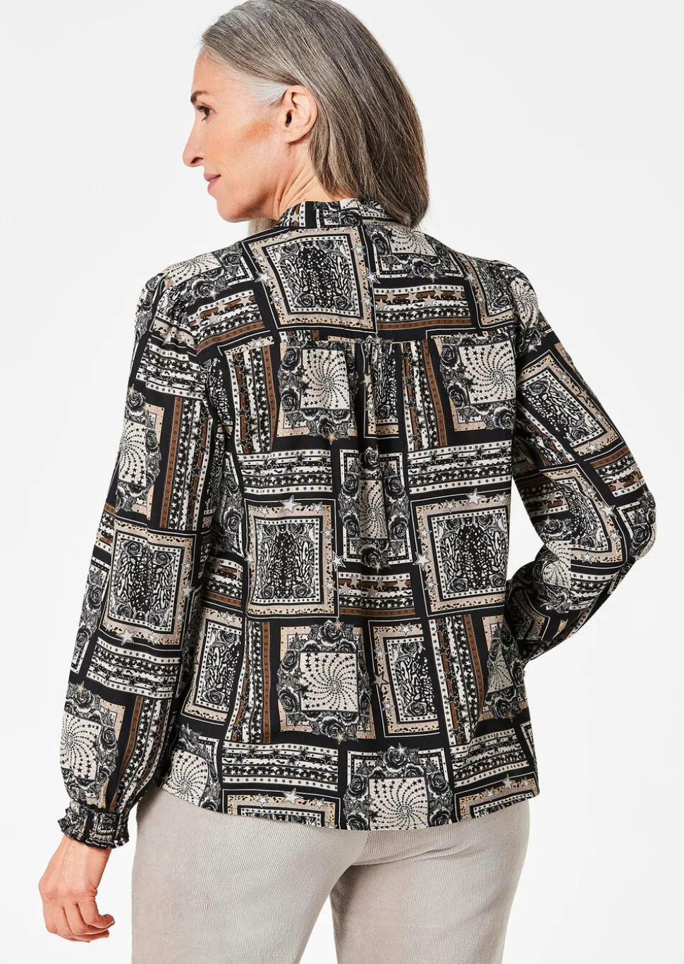 Druckbluse mit Tunika-Ausschnitt