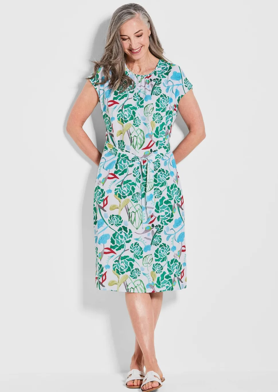 Druckkleid mit Alloverprint & Bindegürtel