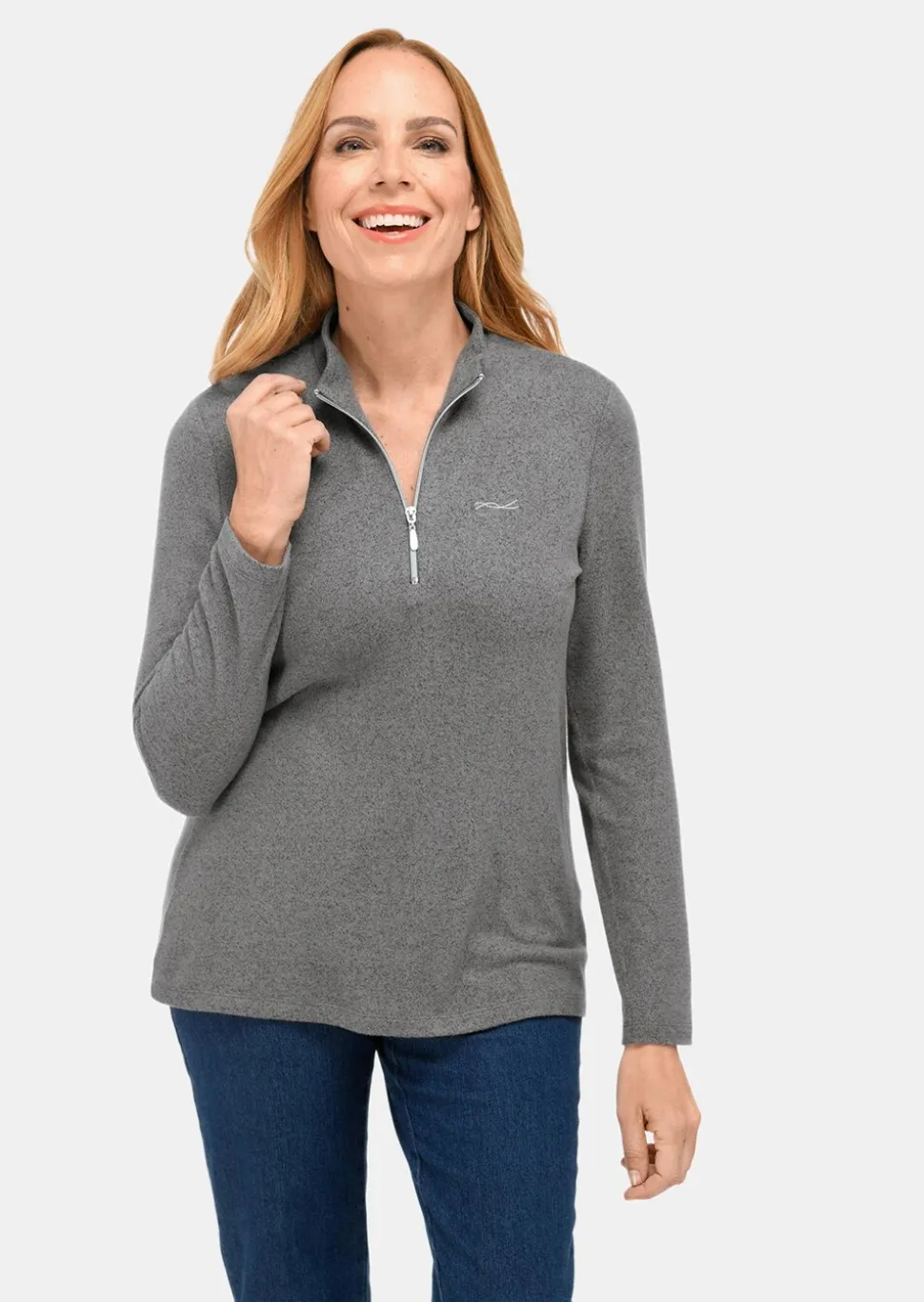 Flauschiges Stehbundshirt mit Reißverschluss und glänzendem, gesticktem Logo