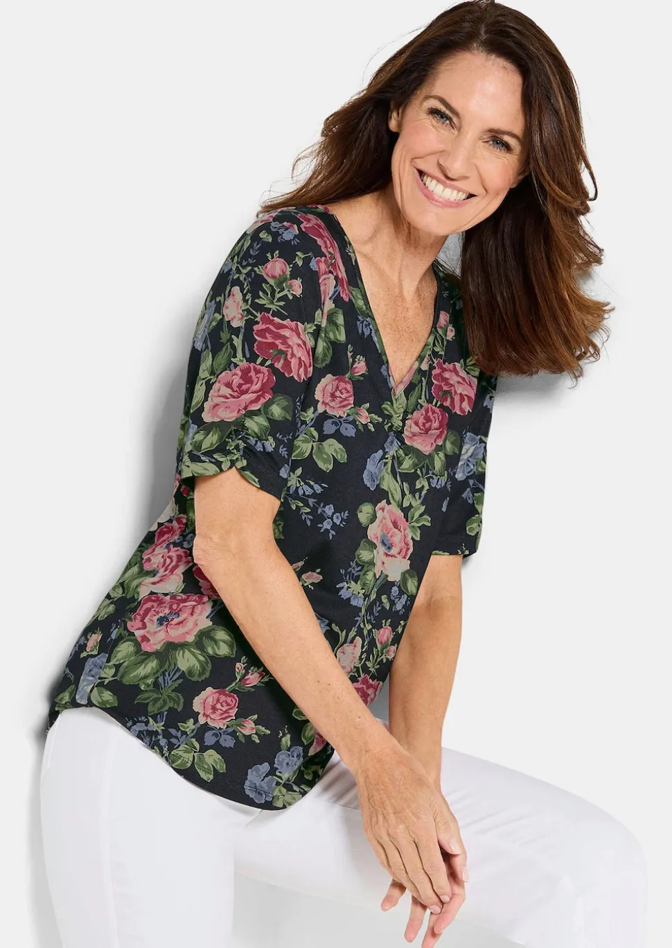Florales Jersey-Shirt mit Raffungen