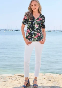 Florales Jersey-Shirt mit Raffungen