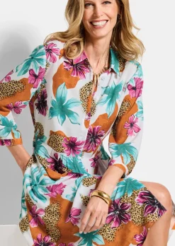 Hemdblusenkleid mit Leo Print und Blumen