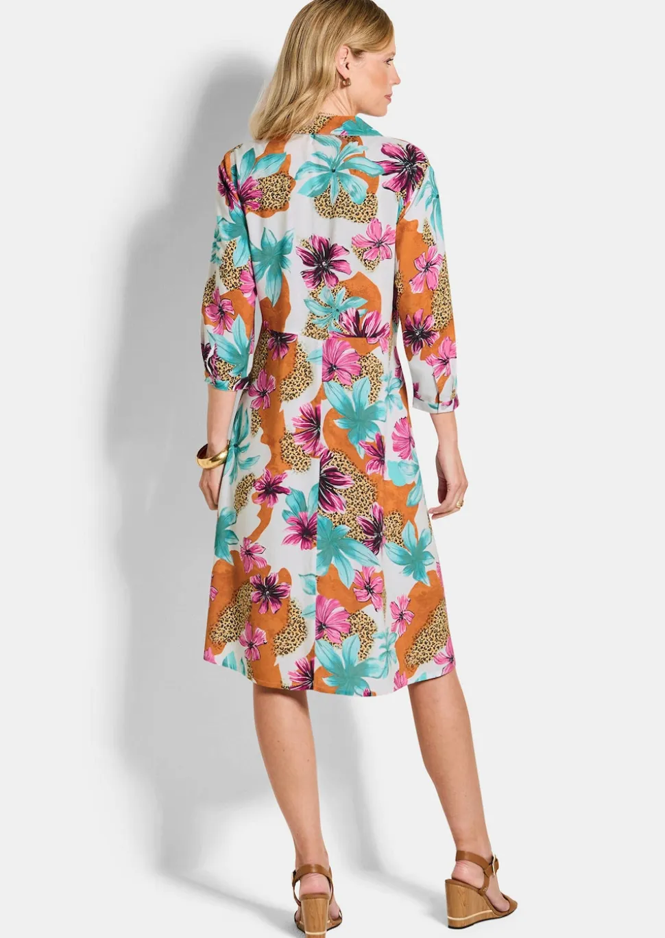 Hemdblusenkleid mit Leo Print und Blumen