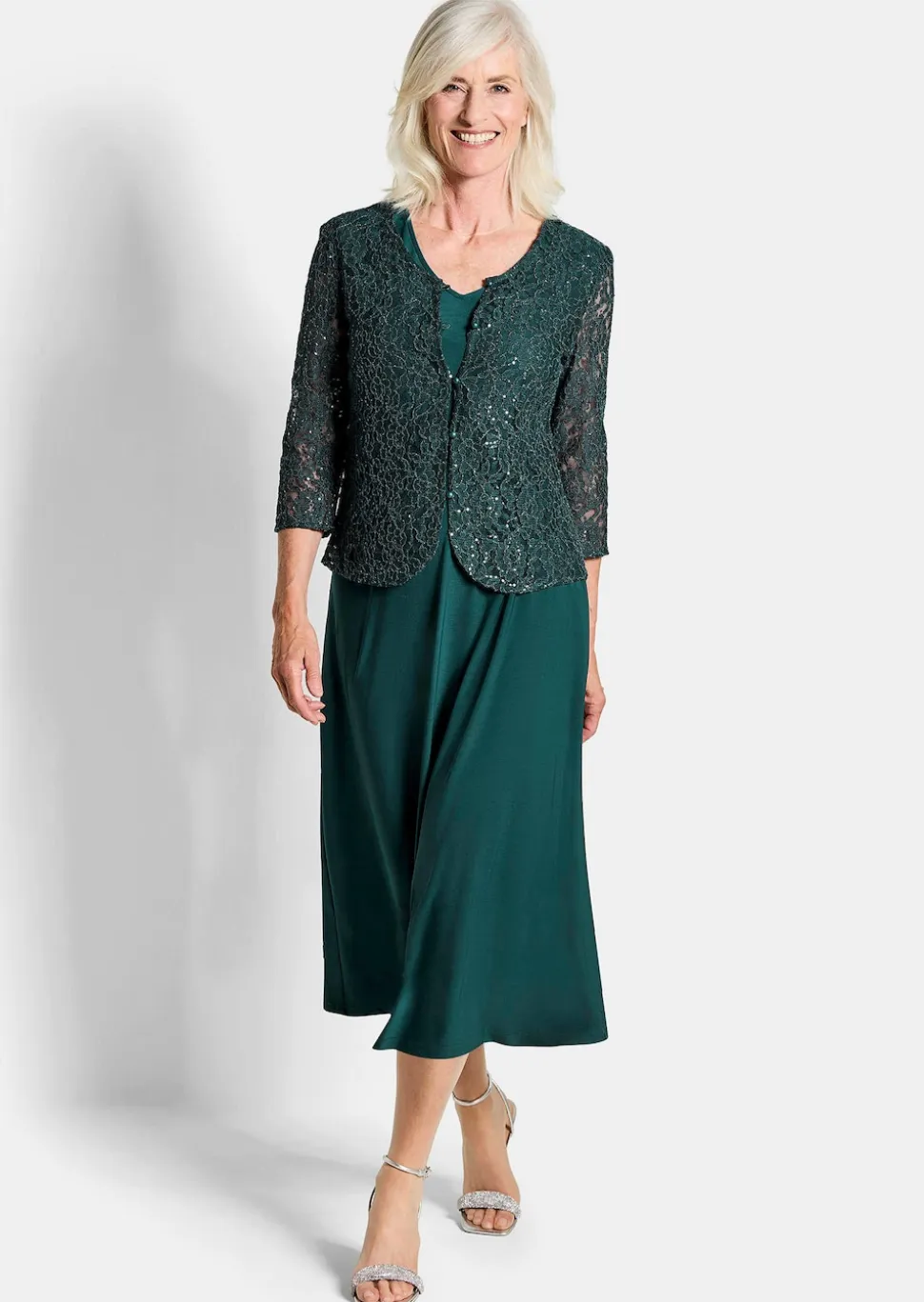 Kleid mit paillettenbesetzter Spitzenjacke