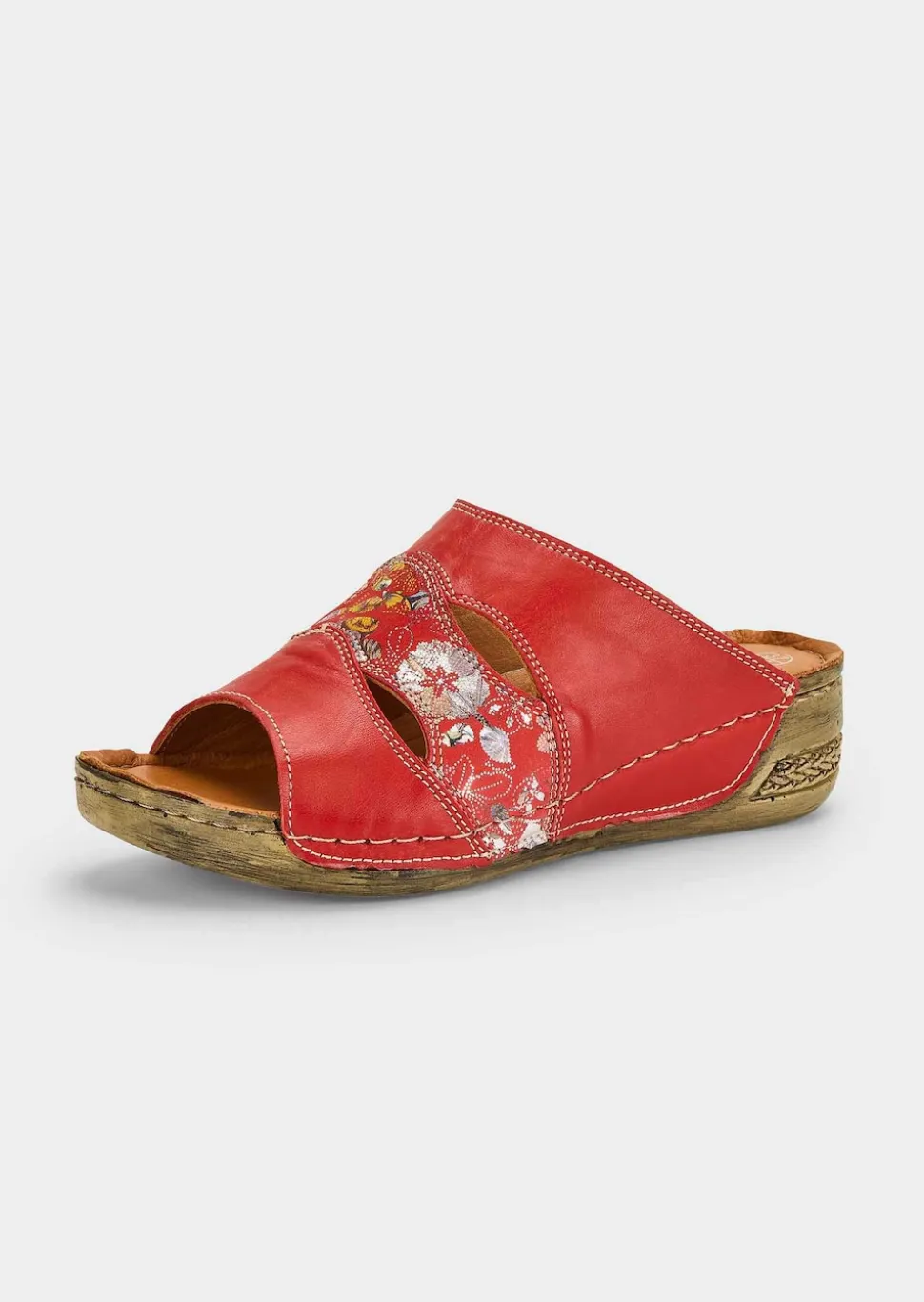Leder-Pantoletten mit floralem Druck