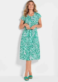 Leinenkleid mit Alloverdruck & Bindegürtel
