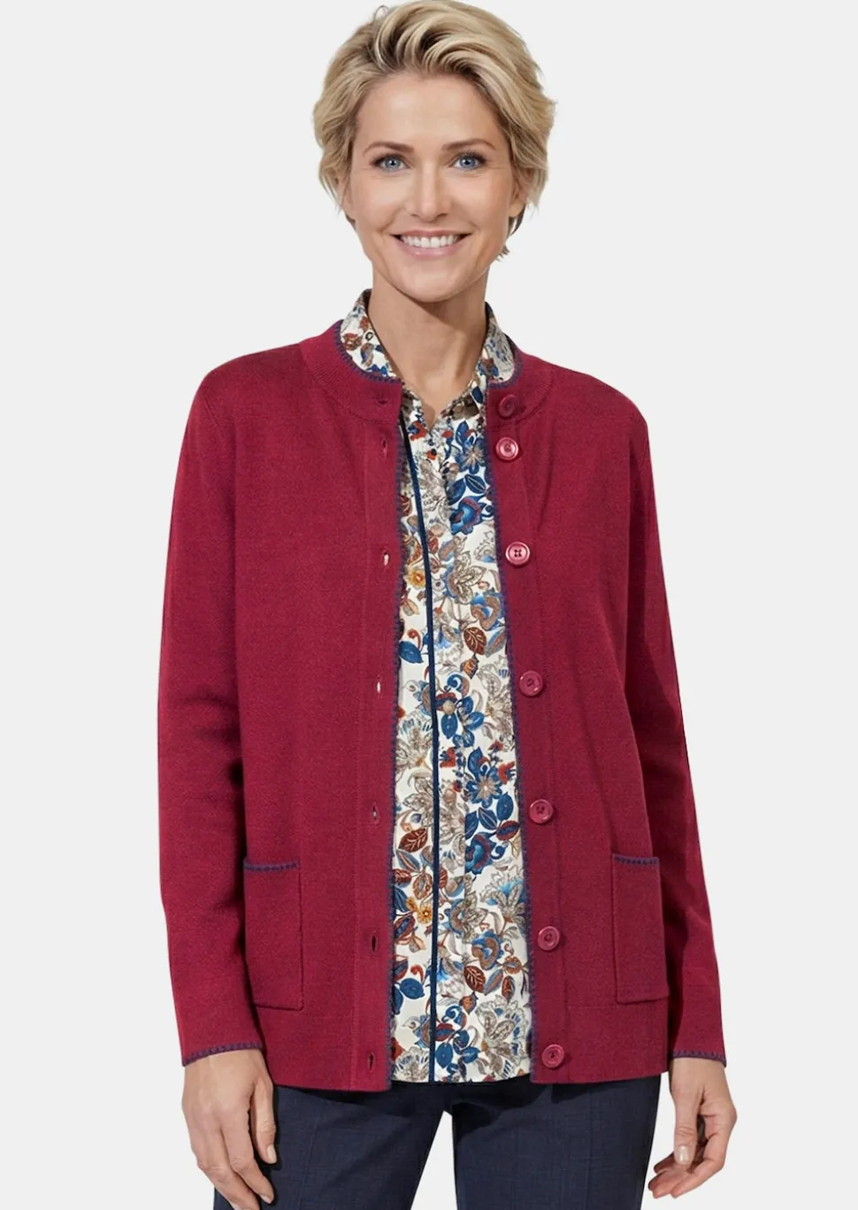 Longstrickjacke mit kontrastfarbenen Zierkanten
