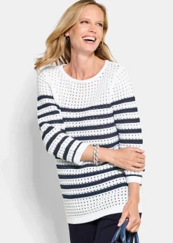 Maritimer Ringelpullover mit Ajourmuster