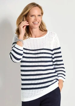 Maritimer Ringelpullover mit Ajourmuster