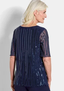 Mit funkelnden Pailletten besetztes Mesh-Shirt