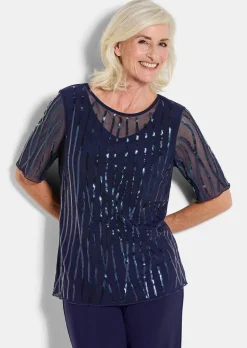 Mit funkelnden Pailletten besetztes Mesh-Shirt
