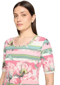 Rippenshirt mit Blüten und Streifen