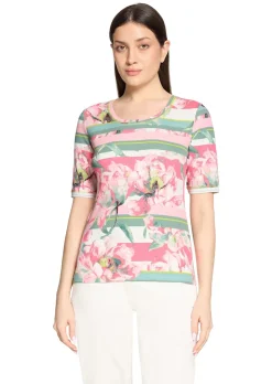 Rippenshirt mit Blüten und Streifen