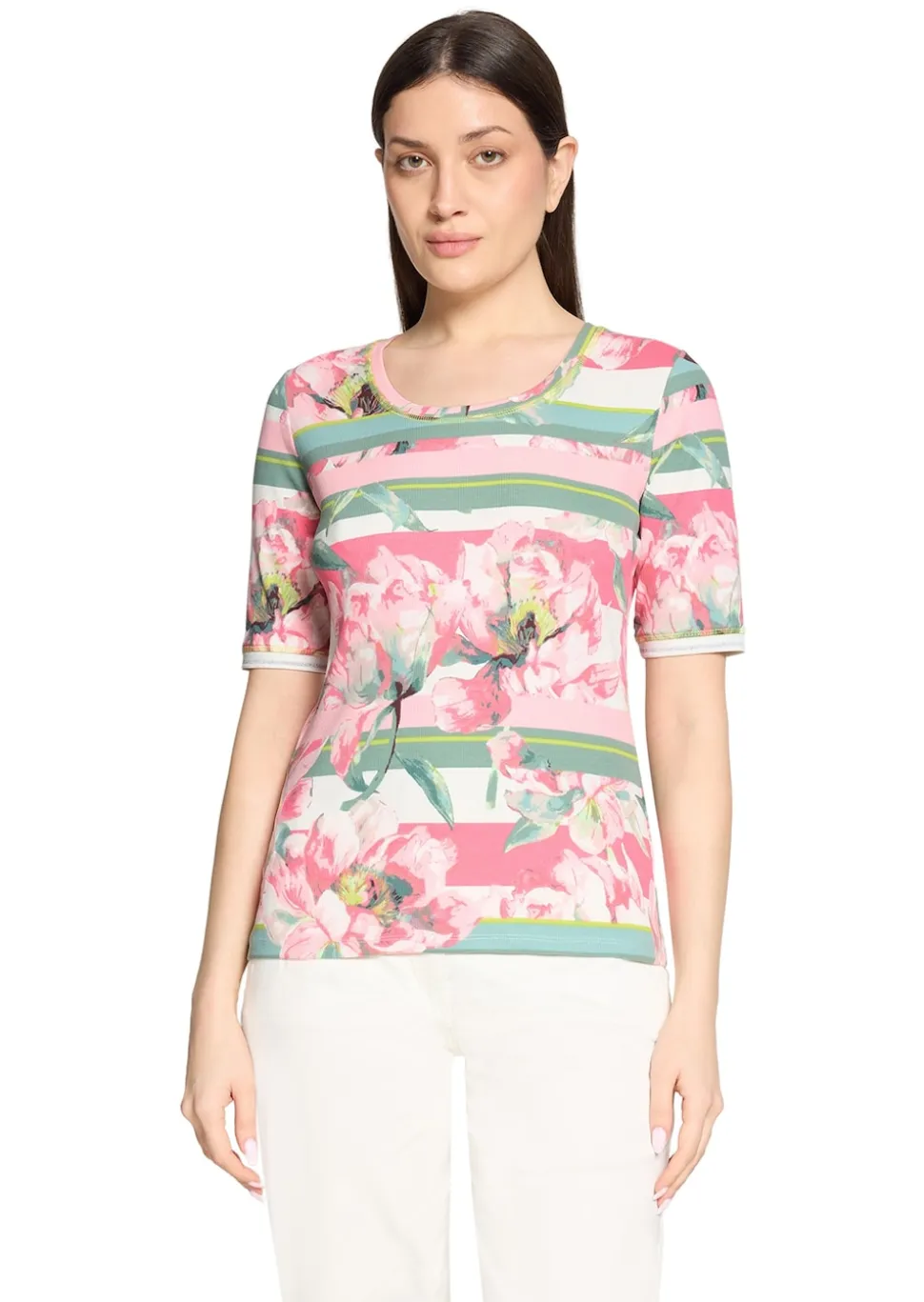 Rippenshirt mit Blüten und Streifen
