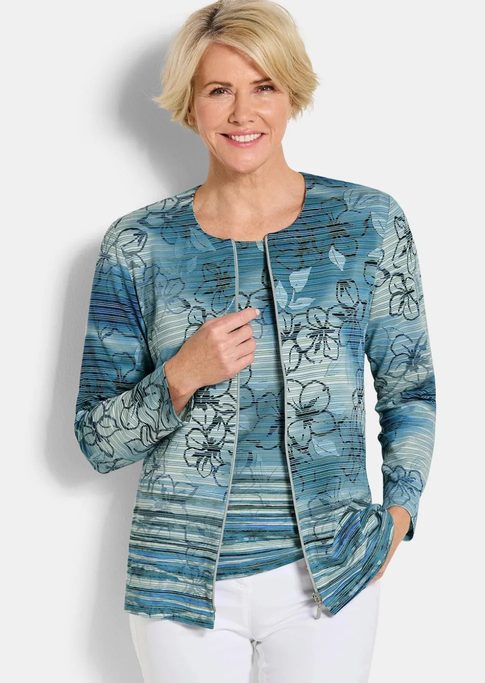 Shirtjacke aus geringeltem Struktur-Jersey
