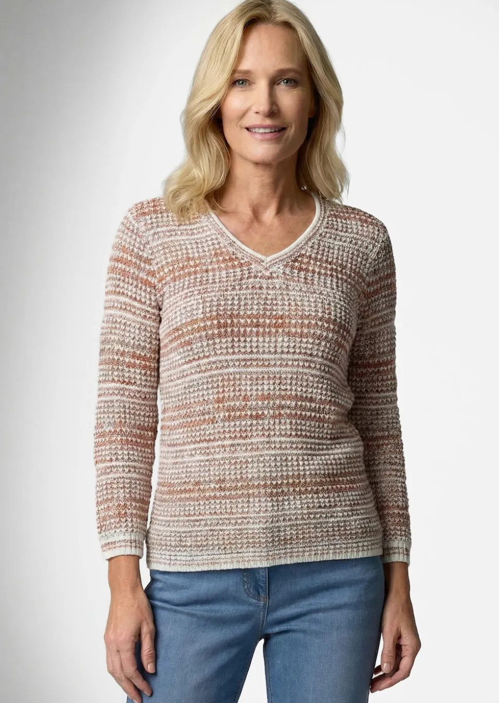 Struktur-Strickpullover mit V-Ausschnitt