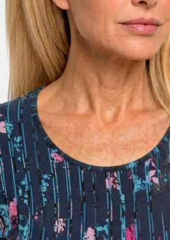 Viskoseshirt mit Blüten und Längsstreifen