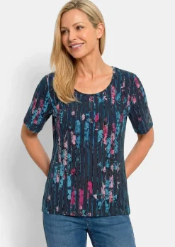 Viskoseshirt mit Blüten und Längsstreifen